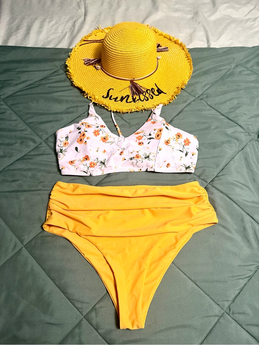 SHEIN Yellow High-Waist Bikini Set with Floral White Top with Yellow Sun Hat